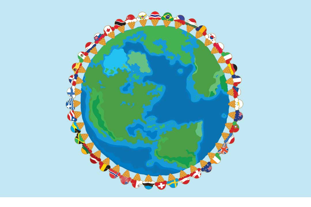 En illustration av jorden omgiven av bägare med internationella flaggor i stället för glass