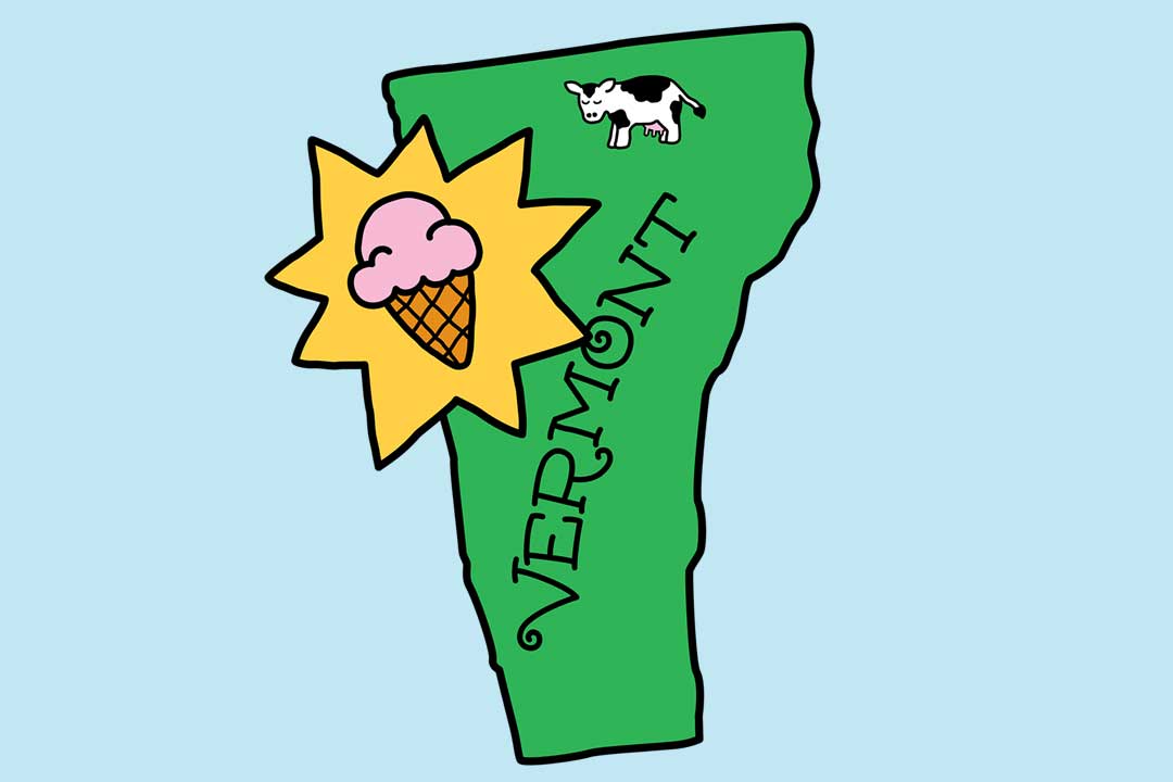 Vi vill ha mer 1981! Delstaten Vermont med en stjärna.